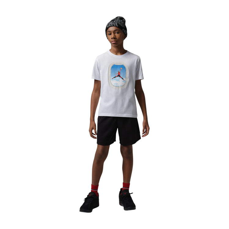 Maglietta Jordan Air Jordan Kids Plane Window bianca, t-shirt bambino con grafica a finestra di aeroplano, morbida e comoda.