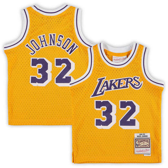 Canotta NBA Lakers 1984 Mitchell & NESS Magic Johnson, colore oro chiaro, stile Swingman, dettagli visibili in immagine