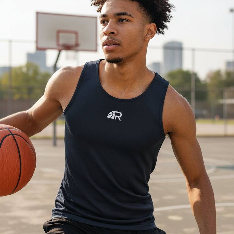 Canotta senza maniche Rookie Basketball, intimo tecnico a compressione nero, ideale per riscaldare i muscoli durante l’attività sportiva.