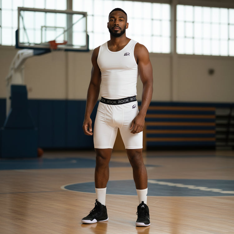 Shorts tecnici Rookie Tech Underwear, intimo sportivo bianco per riscaldare i muscoli, di marca Rookie Basketball.