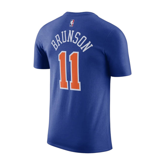 Maglietta Nike NBA N&N Jalen Brunson dei New York Knicks, t-shirt blu e arancio con logo e design sportivo.