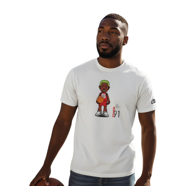 T-shirt bianco ROOKIE BASKETBALL THE WORM, vestibilità casual, visibile con collo rotondo e logo stampato sul fronte.