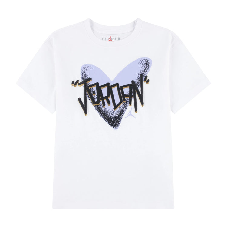 T-shirt Jordan Heart Sketch Ragazza nera con grafica artistica e logo Jordan sul davanti, tessuto morbido e comodo.
