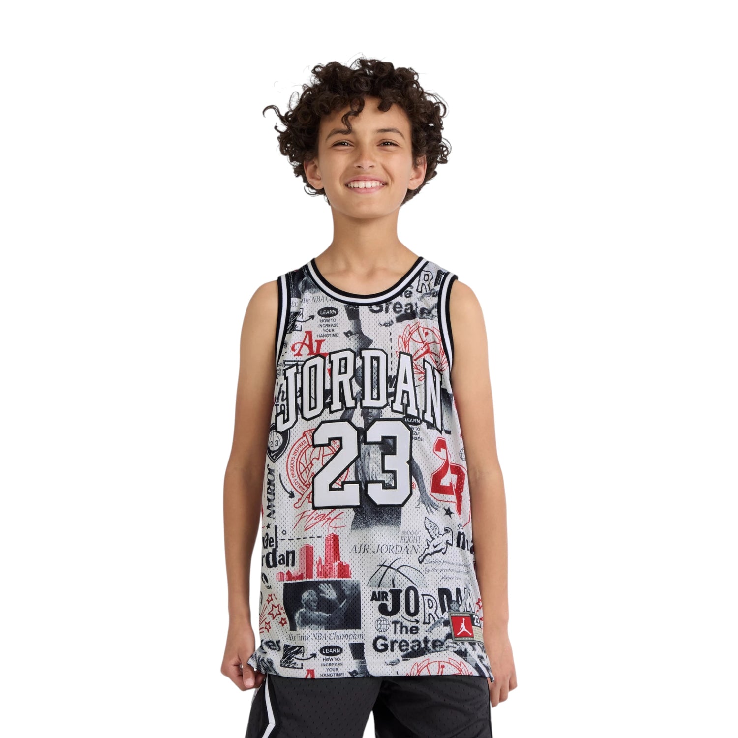 Canotta Jordan Kids AOP Jersey in tessuto traspirante con logo Jordan, colore bianco e blu, vista frontale, tessuto morbido e comodo.