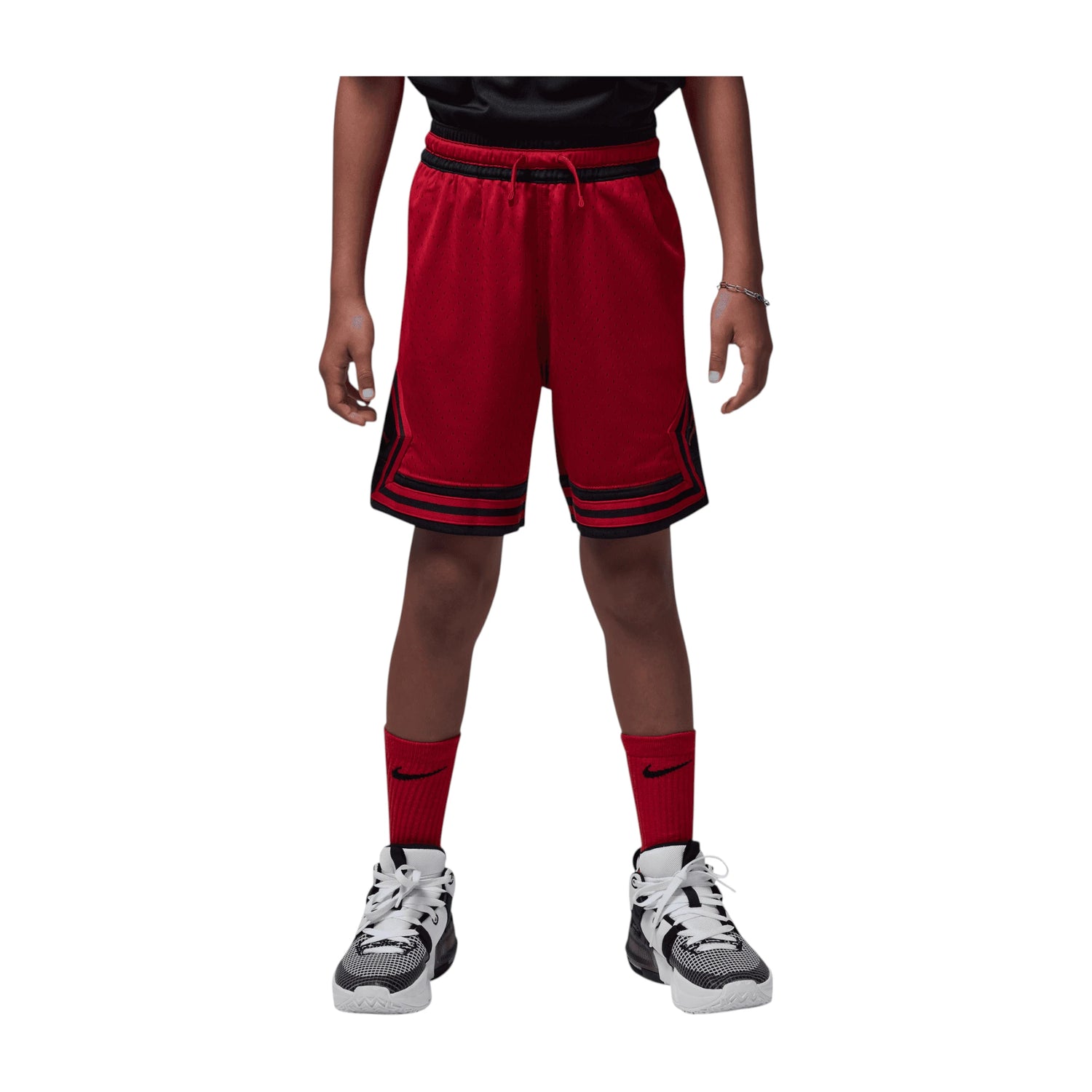 Shorts da basket Jordan Diamond Kids Rosso, pantaloncino sportivo per bambini con logo Jordan in rosso e dettagli sportivi.