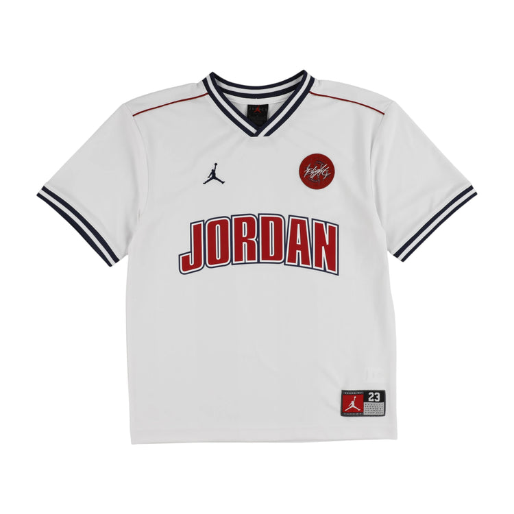 Maglietta Jordan Sport Jersey per bambini, t-shirt bianca con dettagli sportivi, logo Jordan visibile in primo piano.
