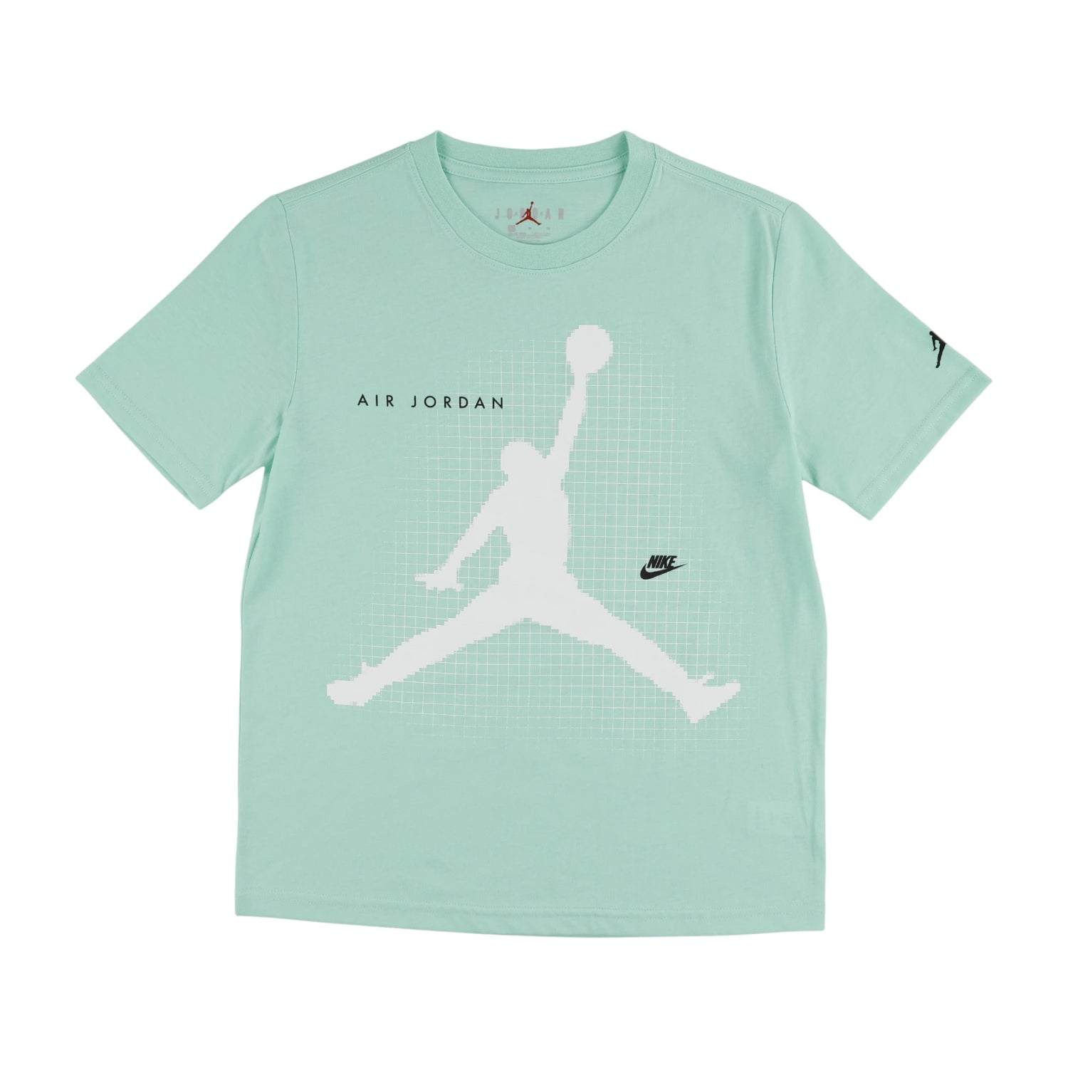 T-shirt Jordan Jumpman Grid Blur per bambini con logo Jumpman, design grafico moderno, in cotone bianco, vista frontale.