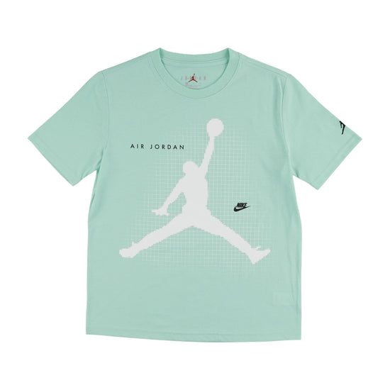 T-shirt Jordan Jumpman Grid Blur per bambini con logo Jumpman, design grafico moderno, in cotone bianco, vista frontale.