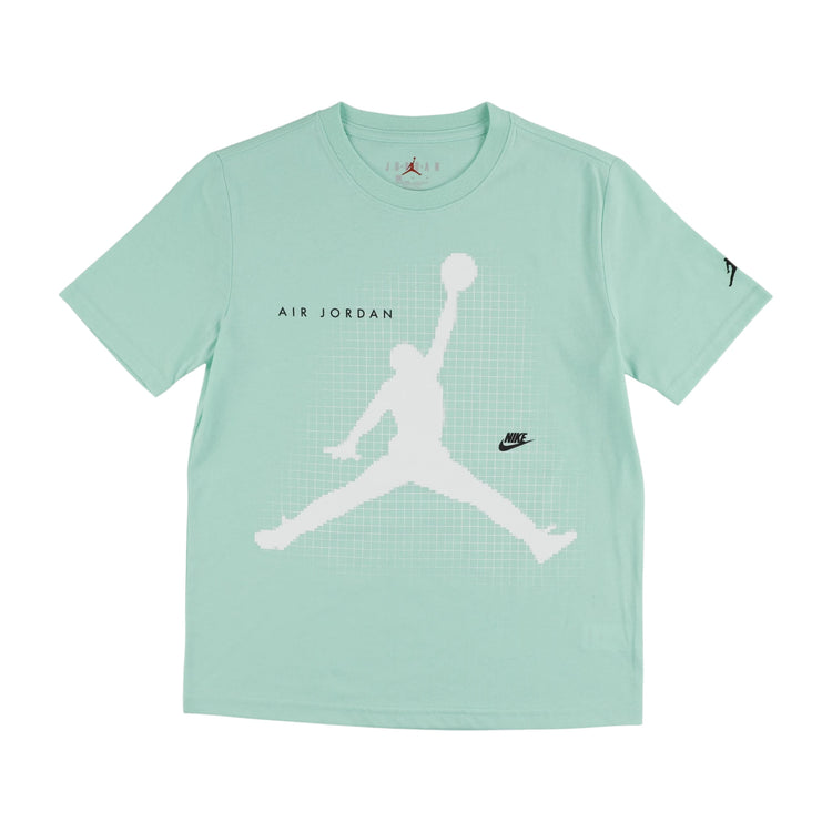 T-shirt Jordan Jumpman Grid Blur per bambini con logo Jumpman, design grafico moderno, in cotone bianco, vista frontale.