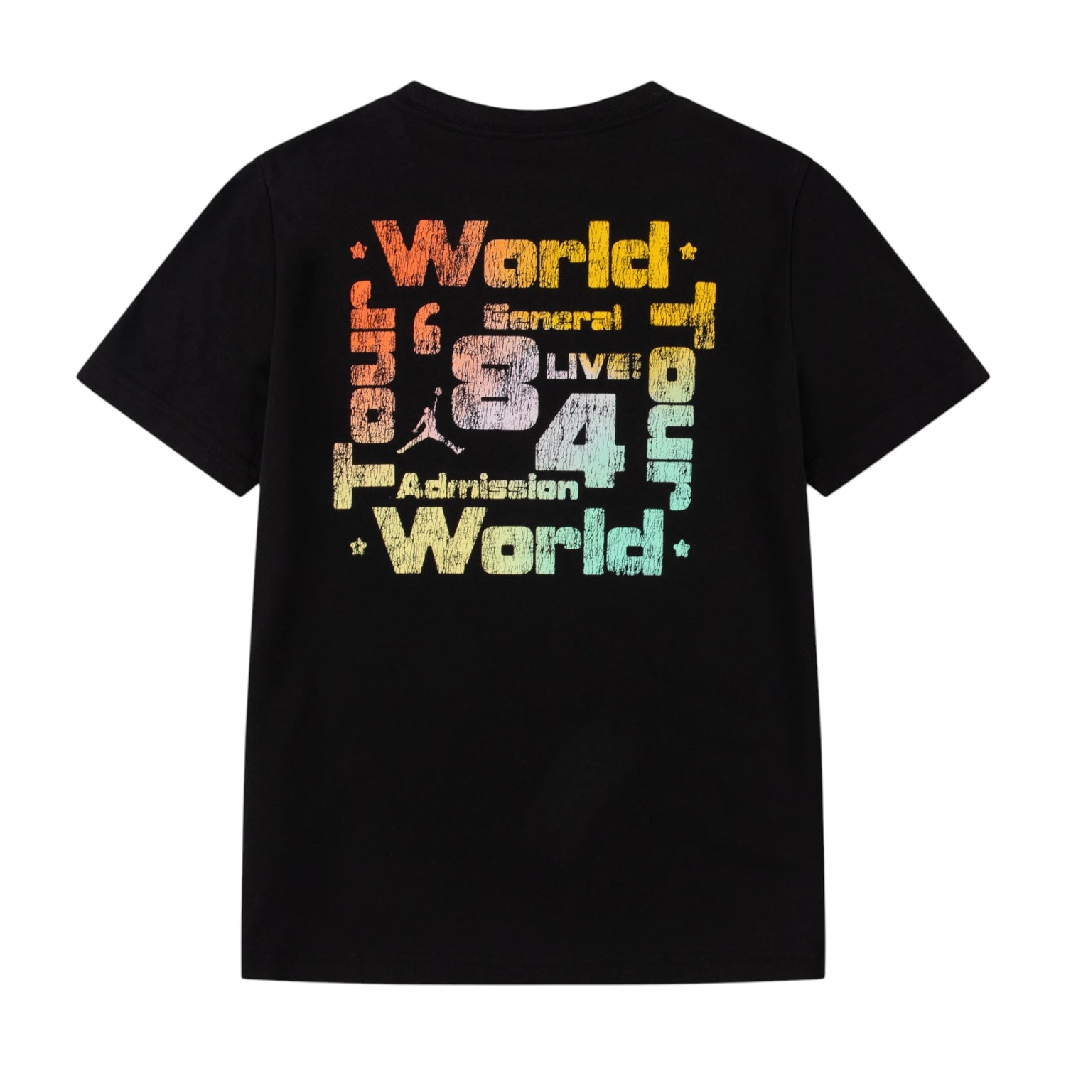 Maglietta Jordan Kids "World Tour" T-shirt con logo e design colorato, tessuto morbido e comodo, vista frontale.