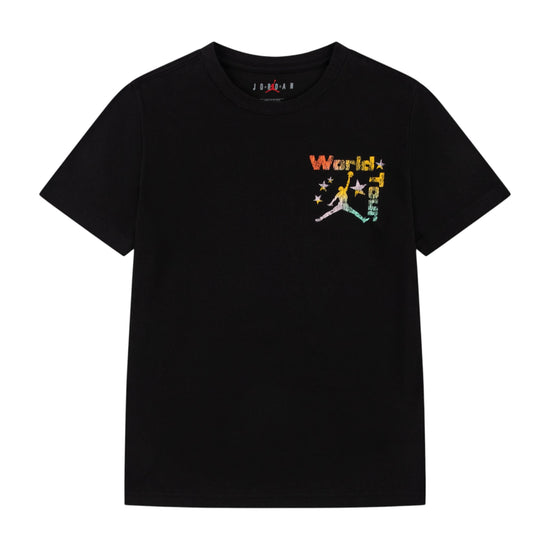 Maglietta Jordan Kids "World Tour" T-shirt bianca con logo e grafica colorata, morbida e comoda per bambini.