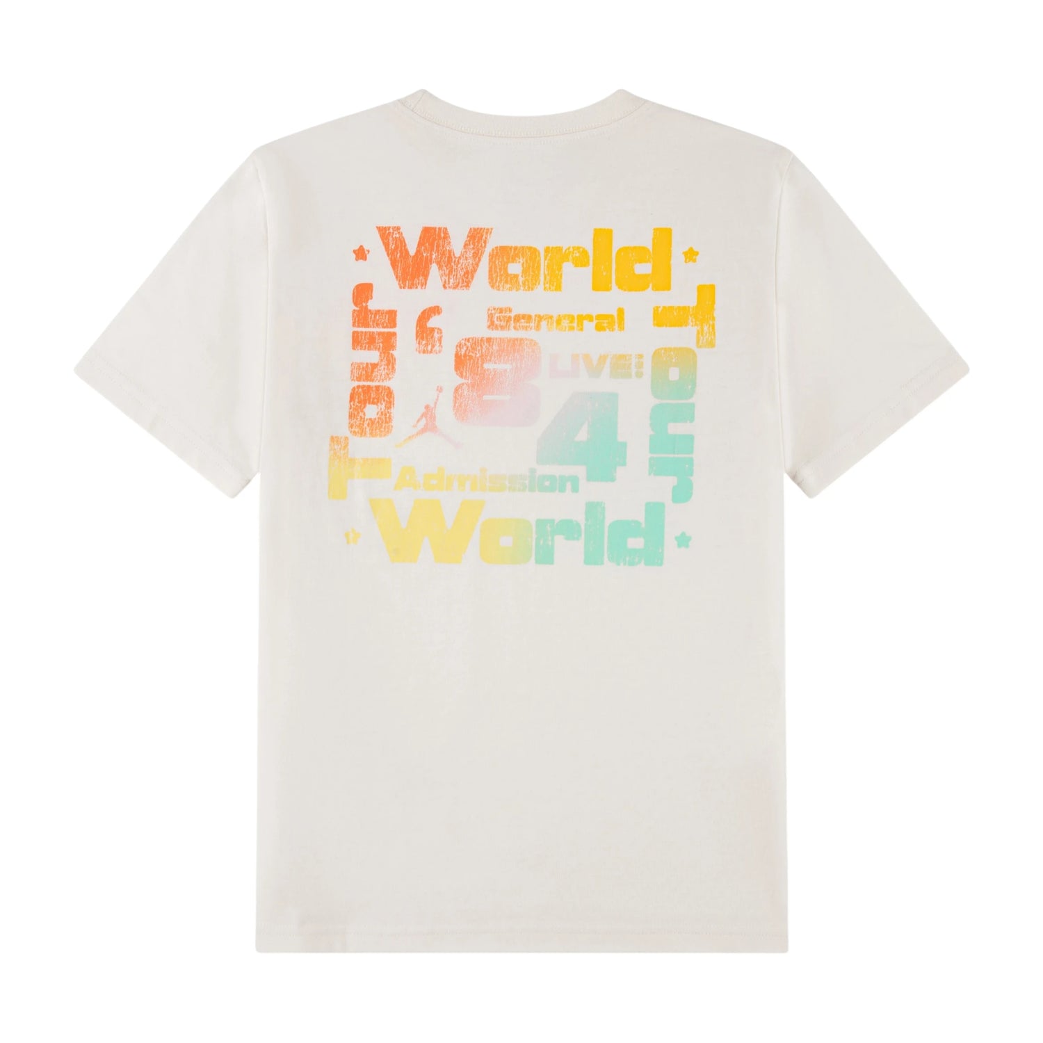 Maglietta Jordan Kids World Tour per bambini, tessuto morbido con logo Jordan visibile, colore bianco e dettagli colorati.