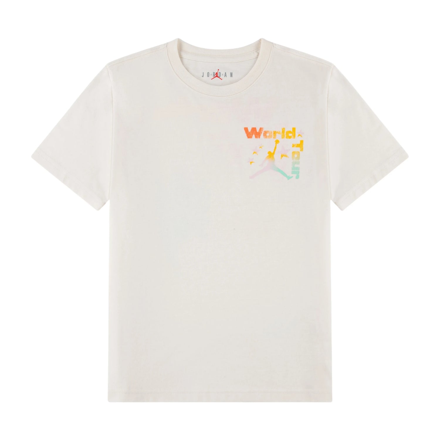 Maglietta Jordan Kids World Tour T-Shirt per bambini, in bianco con logo e design colorati, tessuto morbido e comodo.