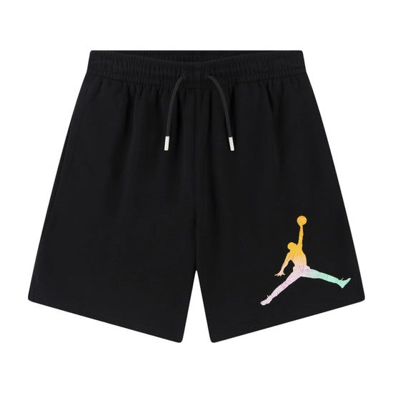 Shorts Jordan Kids "World Tour" in tessuto leggero, colore bianco con dettagli neri, ideali per bambini sportivi e comodi.