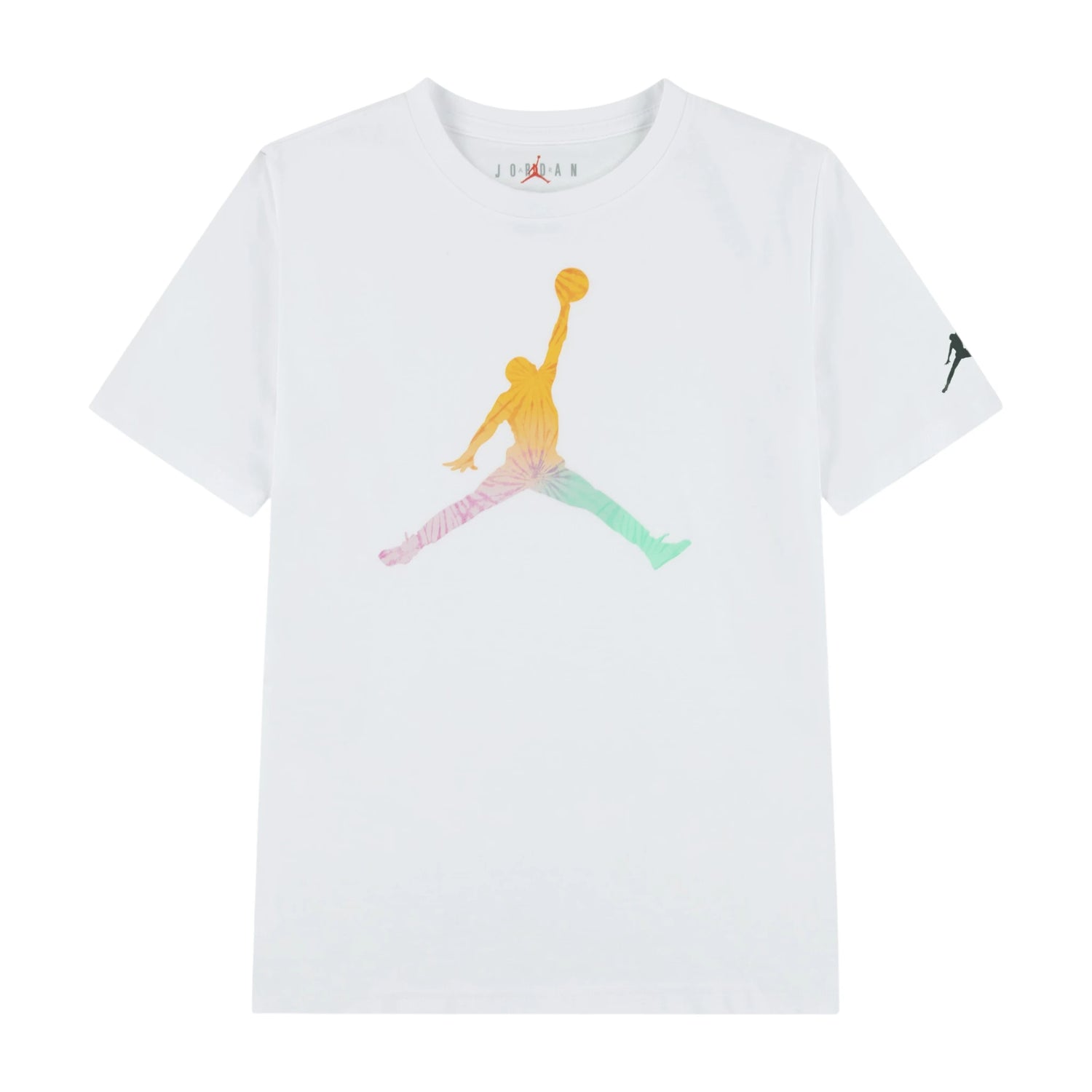 Maglietta Jordan Kids Tie-Dye Bianca, T-shirt Jumpman per bambini con design colorato e logo Jordan sul petto.