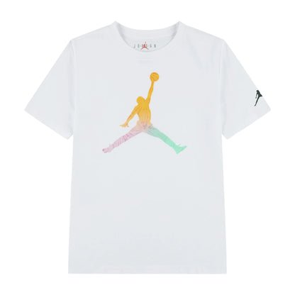 Maglietta Jordan Kids Tie-Dye Bianca, T-shirt Jumpman per bambini con design colorato e logo Jordan sul petto.