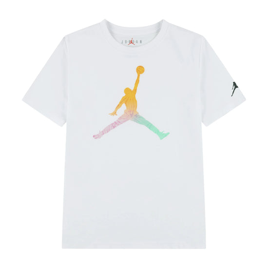 Maglietta Jordan Kids Tie-Dye Bianca, T-shirt Jumpman per bambini con design colorato e logo Jordan sul petto.