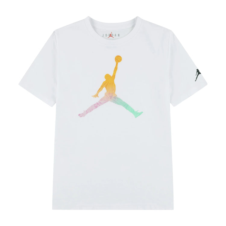 Maglietta Jordan Kids Tie-Dye Bianca, T-shirt Jumpman per bambini con design colorato e logo Jordan sul petto.