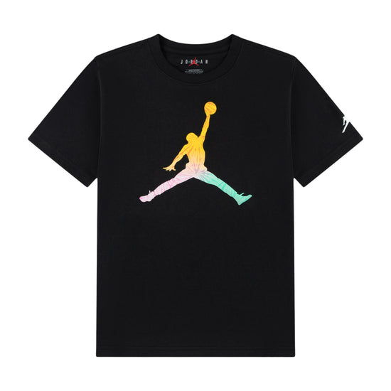 Maglietta Jordan Kids Tie-Dye nera, T-shirt Jumpman per bambini con design tie-dye nero e logo Jordan visibile.