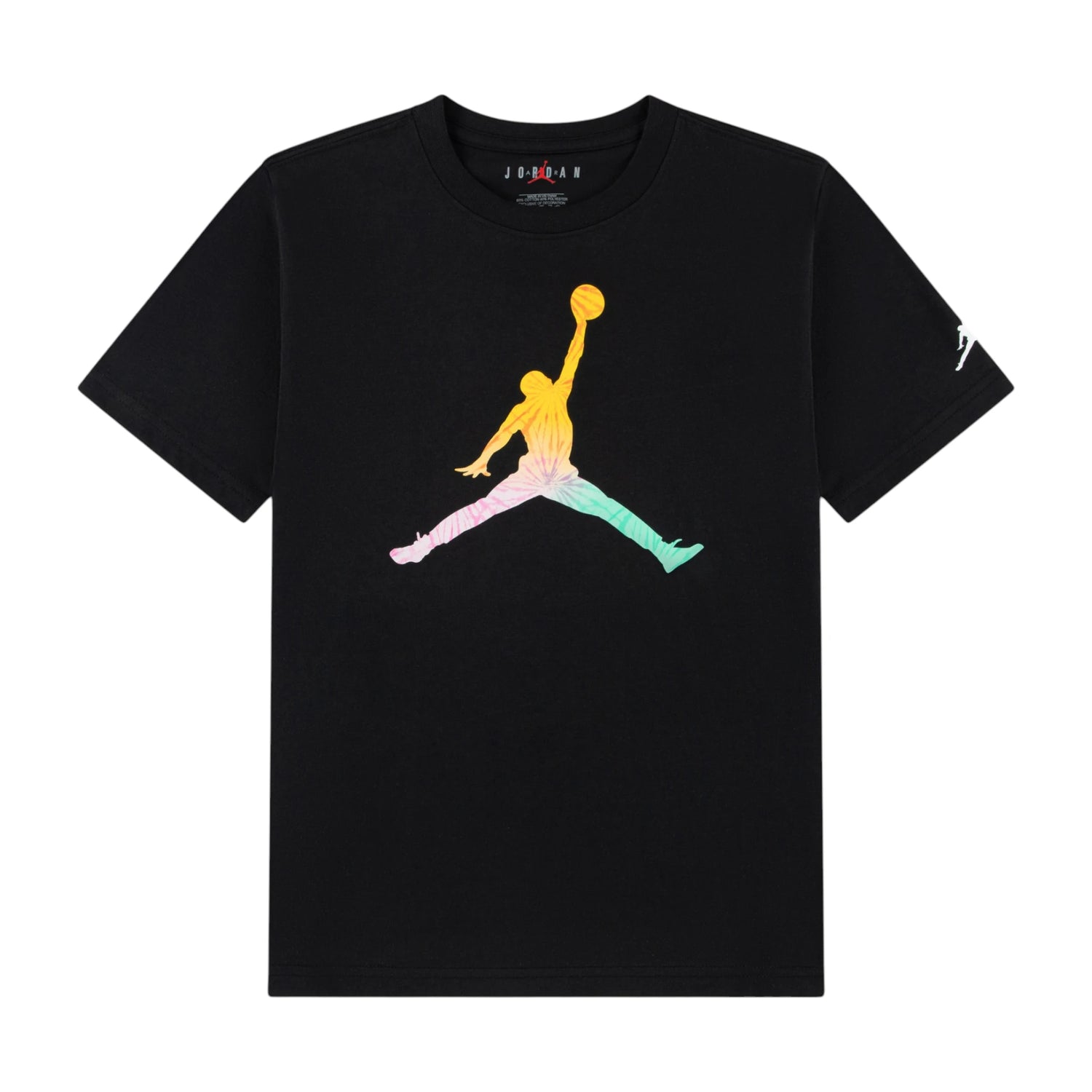 Maglietta Jordan Kids Tie-Dye nera, T-shirt Jumpman per bambini con design tie-dye nero e logo Jordan visibile.