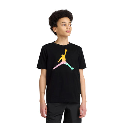 Maglietta Jordan Kids Jumpman Tie-Dye Nera, T-shirt Bambino con logo Jumpman e motivo tie-dye nero, comoda e colorata.