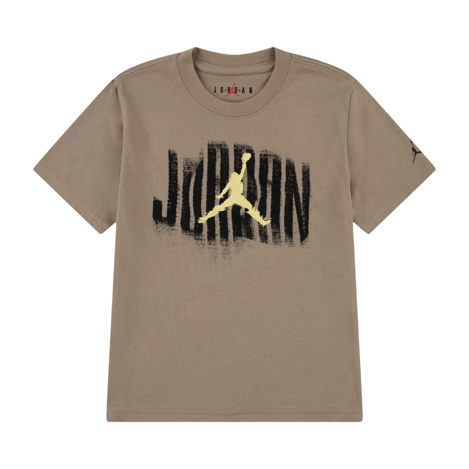 Maglietta Jordan Kids Distressed JDB, T-shirt bambino color khaki con dettagli consumati e logo Jordan, vista frontale.