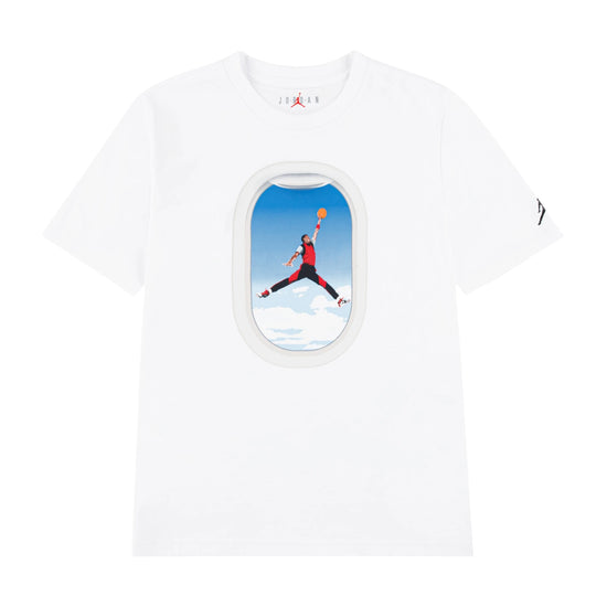 Maglietta Jordan Air Jordan Kids Plane Window Bianca, T-shirt per bambini con stampa di finestra di aereo bianca e logo Jordan