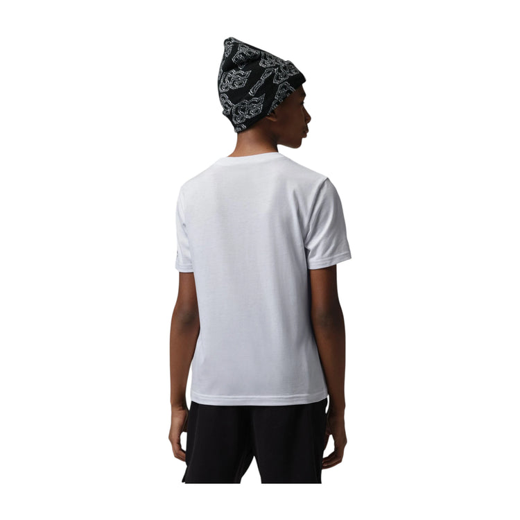 Maglietta bianca Air Jordan Kids Plane Window, T-shirt bambino con stampa aeroplano e finestra, logo Jordan.
