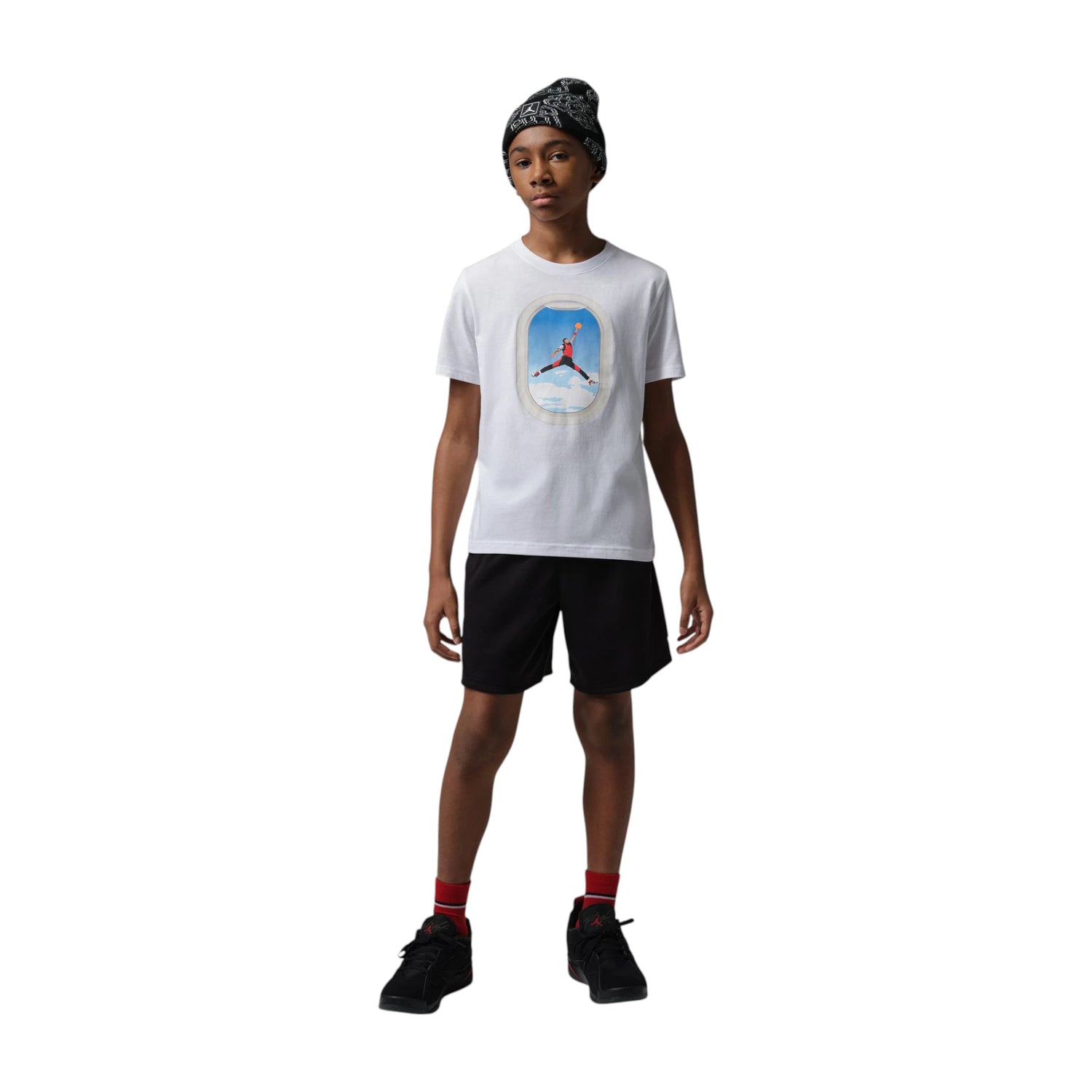 Maglietta Jordan Air Jordan Kids Plane Window bianca, t-shirt bambino con grafica a finestra di aeroplano, morbida e comoda.