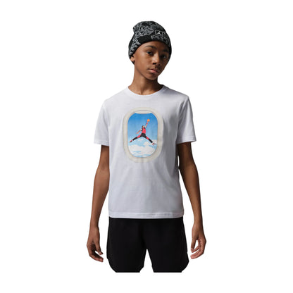 Maglietta Jordan Kids Plane Window Bianca, t-shirt bambino con stampa aeroplano e finestra, tessuto morbido e comodo.