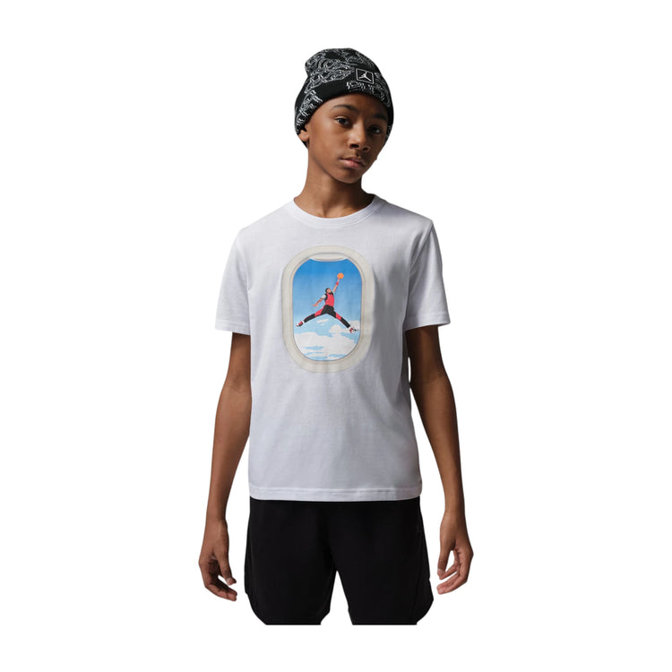 Maglietta Jordan Kids Plane Window Bianca, t-shirt bambino con stampa aeroplano e finestra, tessuto morbido e comodo.