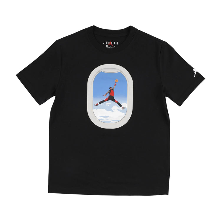 Maglietta Jordan Kids Plane Window nera, T-shirt bambino con stampa di aeroplano e finestra, logo Jordan visibile.