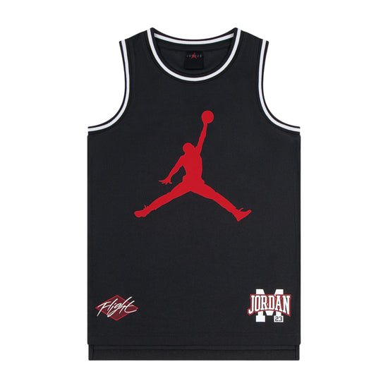 Canotta Jordan Kids Dynasty nera in mesh, canotta sportiva per bambini con logo Jordan, vista frontale.