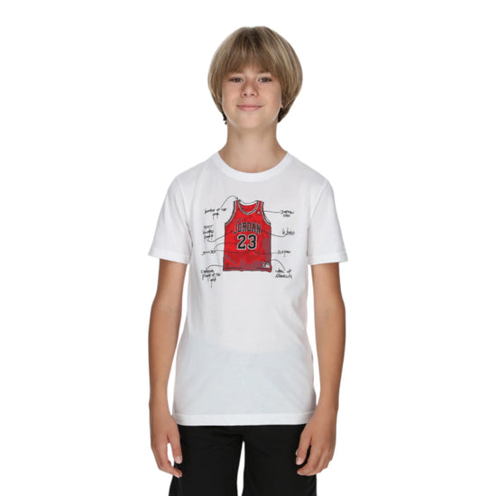 T-shirt Jordan Kids MJ Graphic 95C981 bianca rossa – vista frontale grafica canotta Michael Jordan cotone jersey