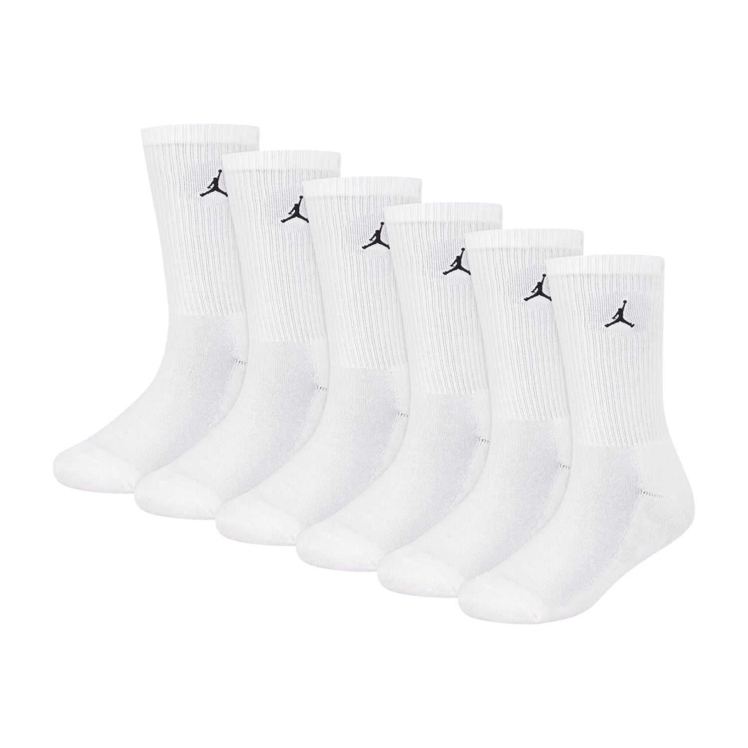 Calze da basket Jordan Essential 6 pack per bambini, calze sportive con logo Jordan, colore bianco e nero, visibili in primo piano.