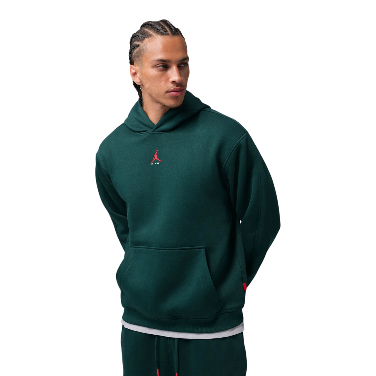 Felpa Jordan Brooklyn Uomo Midnight Spruce University Red IU0249-378 – vista frontale cappuccio tasca marsupio verde petrolio