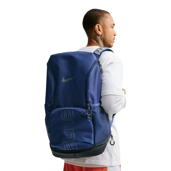 Zaino basket Nike Varsity Elite blu 32L – vista laterale tasca espandibile spallacci Air Max