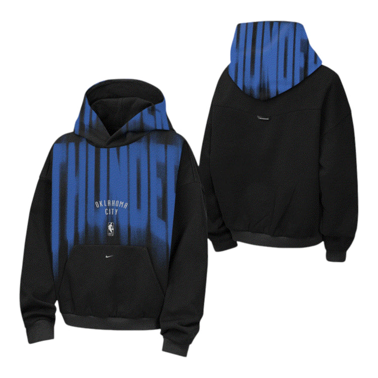 Felpa NBA Kids Oklahoma City Thunder Nike Courtside NBTN THU – vista frontale allover print bande verticali blu elettrico nero scritta THUNDER