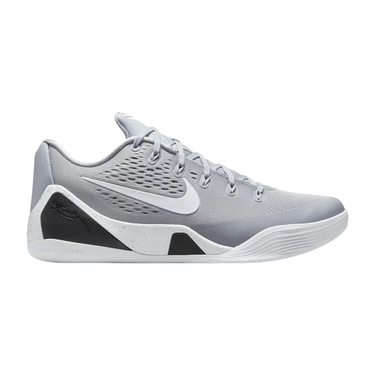 Kobe 9 Low EM Protro Wolf Grey – vista laterale interna tallone fibra di carbonio React foam