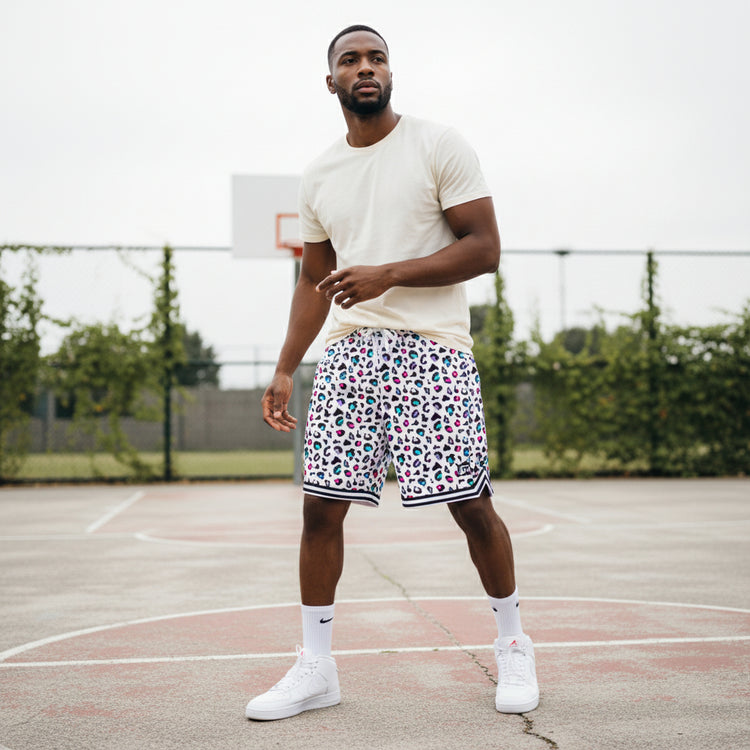 Shorts da basket leopardati bianchi Rookie Basketball, pantaloncini sportivi leggeri e comodi, stile trendy e dinamico.