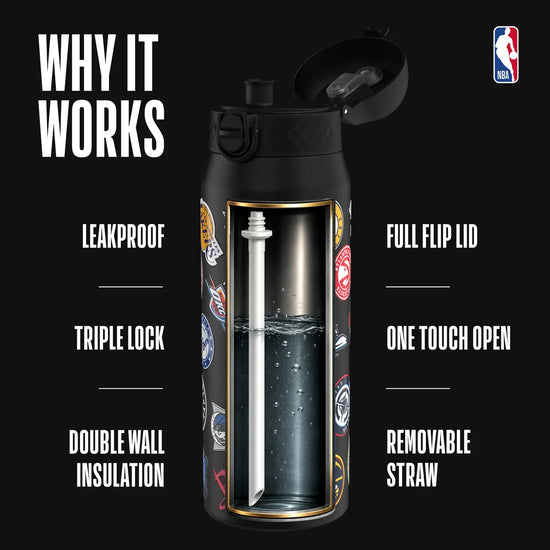 ION8 NBA Multi Logo borraccia termica – coperchio flip 240° smooth flow straw powder-coat