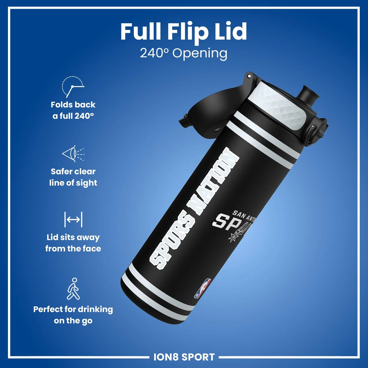 ION8 NBA Spurs borraccia – dettaglio coperchio flip 240° safety lock security brace