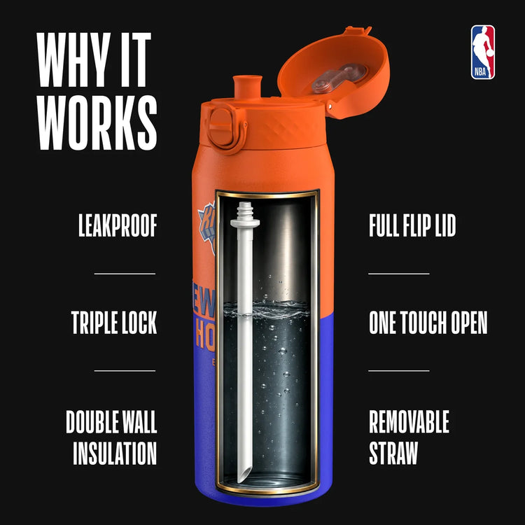 ION8 NBA Knicks borraccia termica – coperchio flip 240° smooth flow straw powder-coat blu arancione