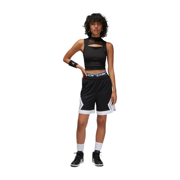 Shorts da donna Jordan Diamond in nero, pantaloncini sportivi corti con logo Jordan, ideali per basket e attività sportive.