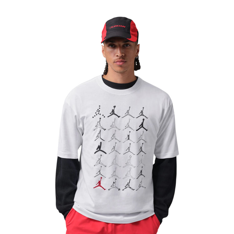 T-Shirt Jordan Jumpman Tee bianca IO0123-100 – vista frontale griglia Jumpman sketch accento rosso