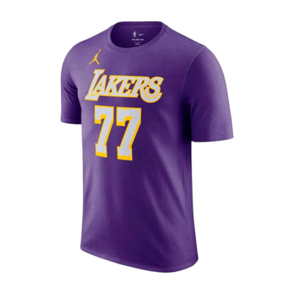 Maglietta Statement NBA bambini Outerstuff con Luka Doncic, colore viola, maniche corte e logo Lakers visibile.
