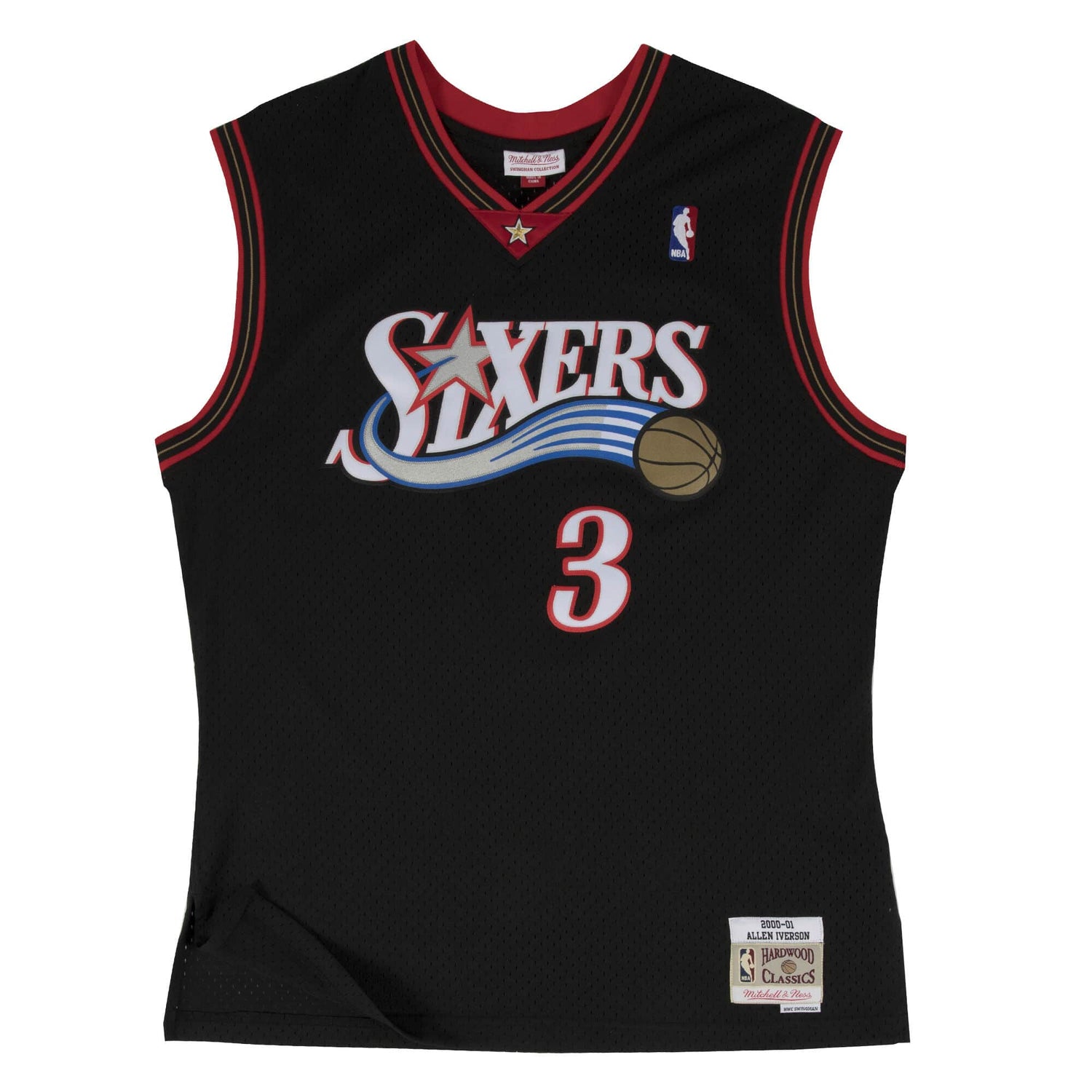 Canotta Mitchell & Ness NBA 2000 Allen Iverson Sixers nera, maglia Swingman in stile sportivo con logo e dettagli visibili.