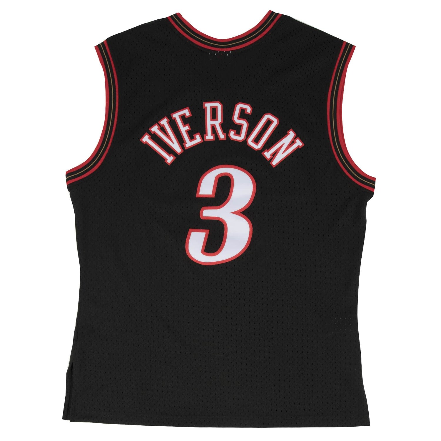 Canotta Mitchell & Ness NBA 2000 Allen Iverson Sixers, stile Swingman nera con dettagli del giocatore.