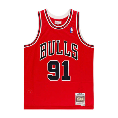 Canotta Mitchell & Ness NBA 1997 Dennis Rodman Bulls in rosso con logo e dettagli sportivi, vestibilità sportiva e stile autentico