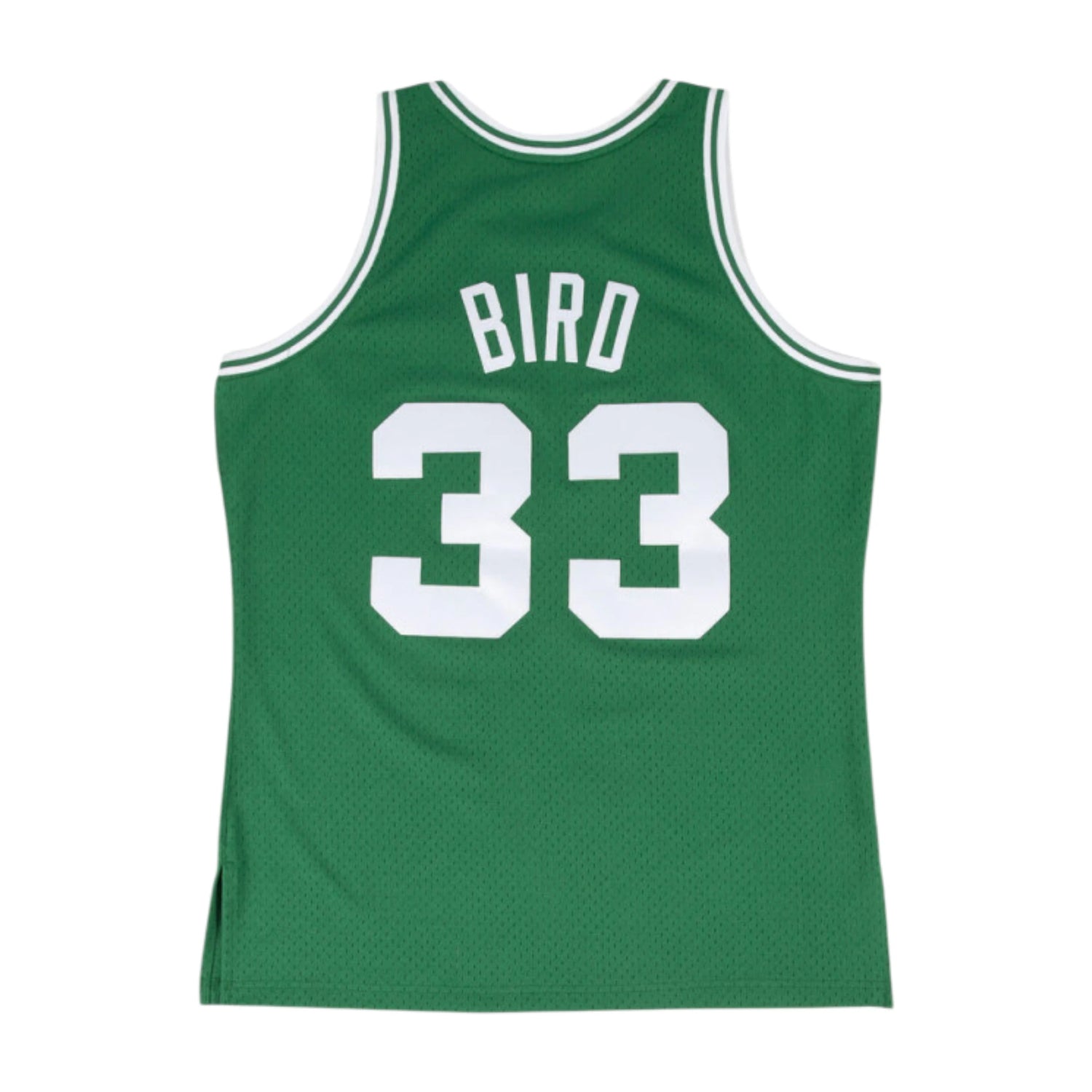 Canotta Mitchell & Ness NBA 1985 Bird Celtics verde, maglia swingman di Larry Bird, dettaglio del logo e tessuto in vista